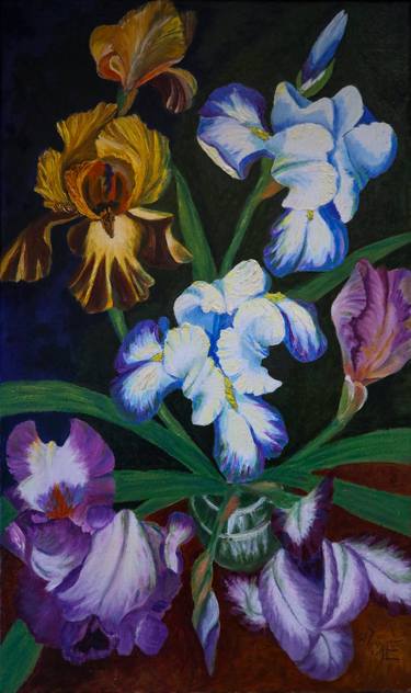 A bouquet of irises. Irises in a vase. thumb