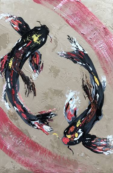 Black red  yellow beige acrylic painting on canvas Koi Carps thumb