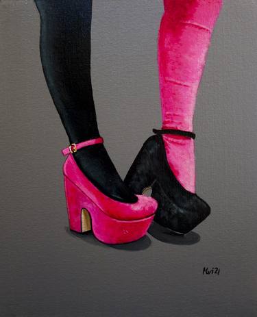 Pink and black chunky heels on neutral grey thumb