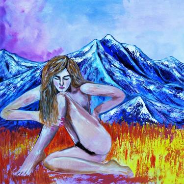 "Morning meditation"Curley hair woman oil portrait painting.lanscape,nude,original Christmas gift,bedroom art. thumb