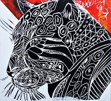 "Tiger in the jungle",printmaking,linocut,limited edition,home decor,interior - Limited Edition of 10 thumb