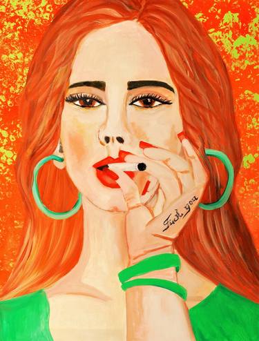 «Cigarette in her hand”, Impressionism realistic woman face art Colorful contemporary female power original portrait thumb