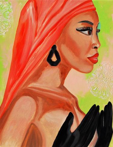 «Sahara»  ,African American wall art canvas, black woman original portrait painting, Afrocentric green decor Painting thumb