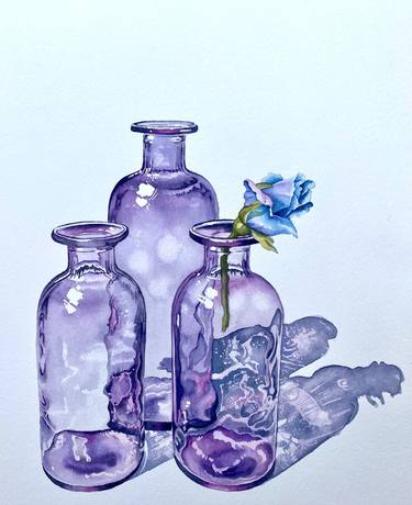 Still life with purple bottles and blue rose (177) thumb