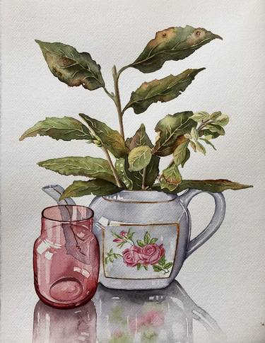 Plants in a ceramic teapot and a pink vase (71) thumb