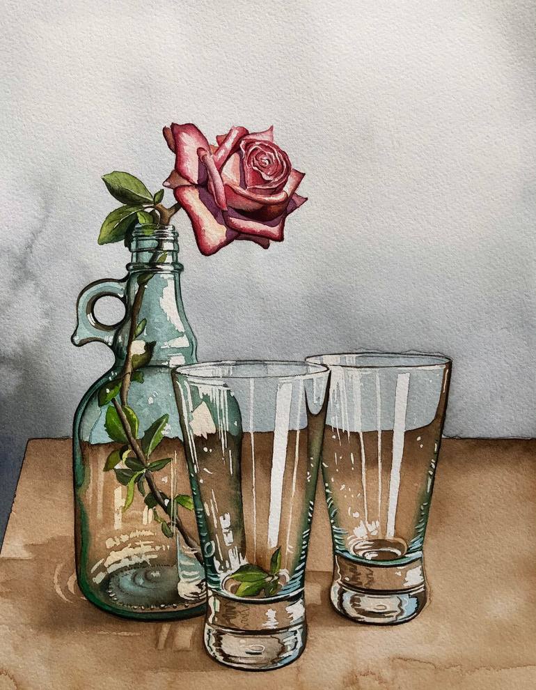 Still Life with a Pink Rose (79) Painting by Serpil Umit | Saatchi Art