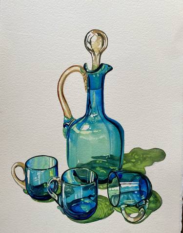 My turquoise liquor bottle and three small glasses (152) thumb