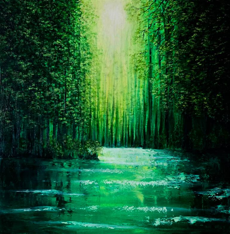 Original Landscape Painting by Svetlana Tatjanko | Expressionism Art on Canvas | Serene forest. Morning by the lake.