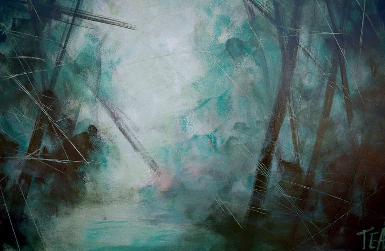 Abstract landscape acrylic painting,forest in a fog painting, wood