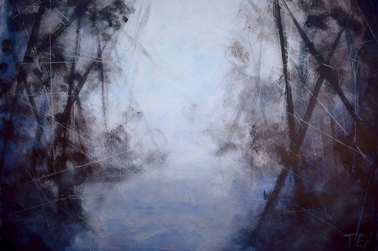 Abstract landscape acrylic painting,forest in a fog painting, wood