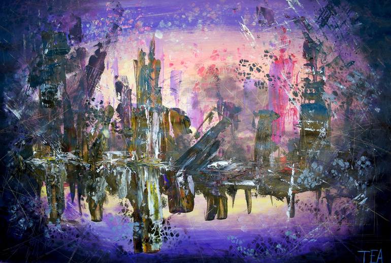Abstract city acrylic large painting, purple navy arctic background, home  decor, landscape, modern cityscape, town , water reflection, Christmas  gift, gift for her, gift for him, interior design ideas, home decor, wall