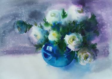 White roses in a blue vase thumb