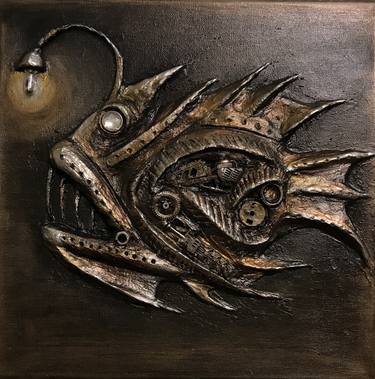 Fish steampunk painting on canvas in mixed media thumb