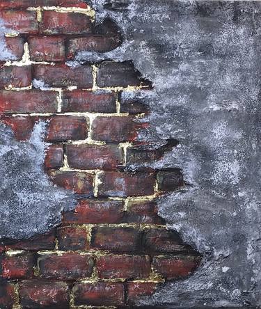 Red brick wall on canvas, original canvas on stretcher, mixed media thumb