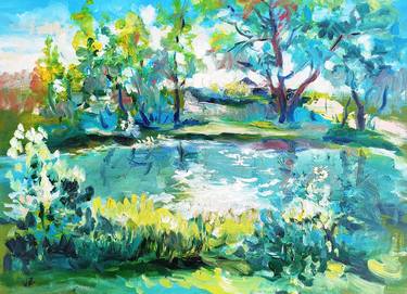 Spring Landscape with Forest & River, Oil on Panel thumb