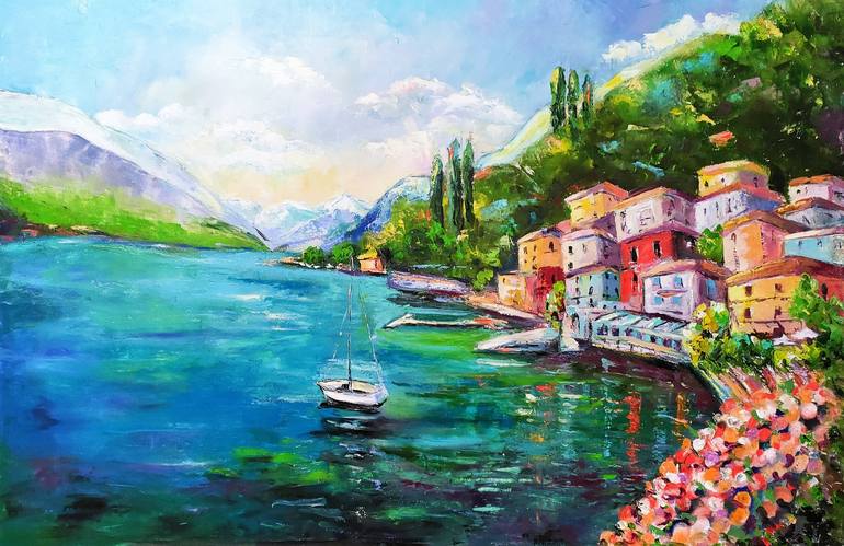 Lake Como Italy Original Oil on Canvas Painting by Nataliia