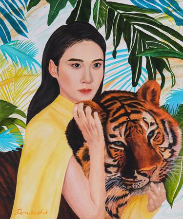 Pocket tiger asian woman oil portrait in fresh colors thumb