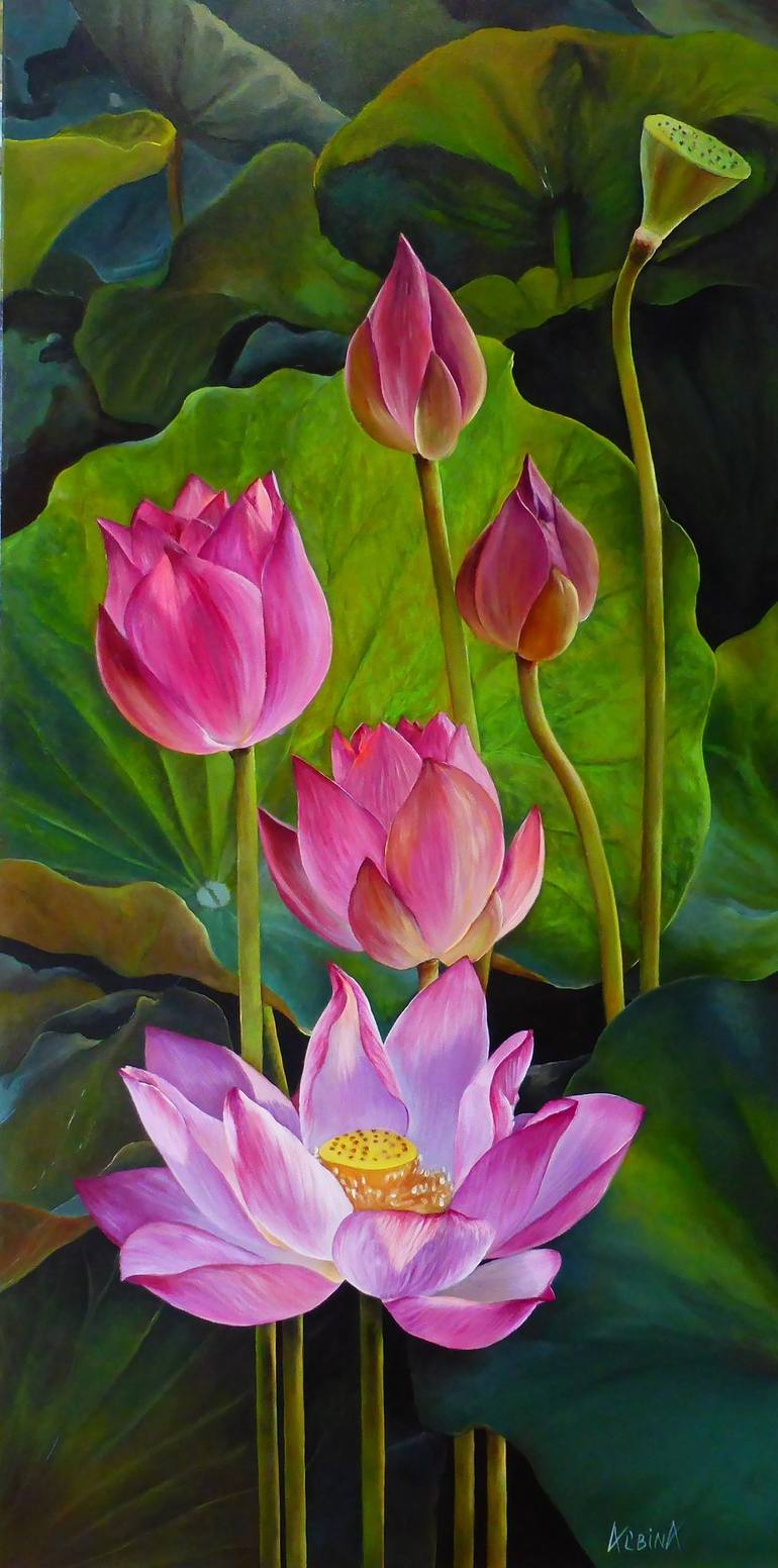 Constellation of pink lotuses Painting by Albina Pogrebna | Saatchi Art