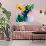 Abstract expressionist painting by Jessica Slack in-situ on pink wall