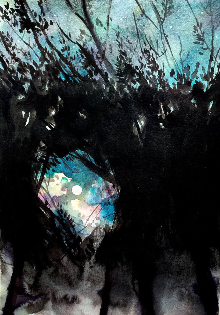Original Landscape Painting by Leyla Zhunus | Contemporary Art on Paper | A window into the night