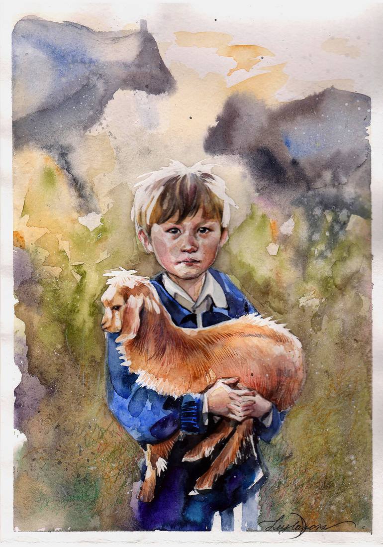 Original Children Painting by Leyla Zhunus | Classicism Art on Paper | The little shepherd