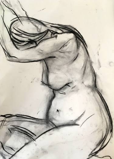 Frau nackt, sitzend, Zeichnung, Kohle, figurativ thumb