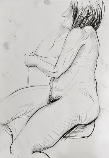 Irina sitzend, nackt, Akt Zeichnen, schwarze Kohle, Papier thumb