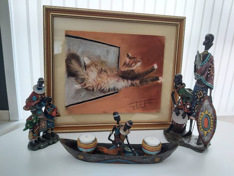 Original Art Deco Cats Painting by Adel Fahmi