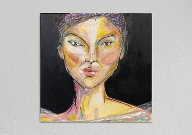 Pintura original en técnica mixta sobre lienzo denominada «Retrato de mujer  a color» Nº1 Painting by Aitana Perez