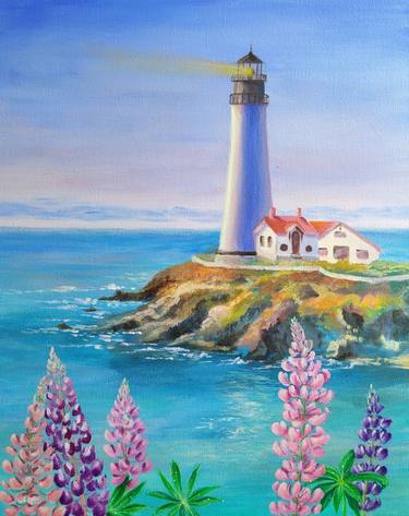 Lighthouse in Lupins Blossom - original artwork thumb