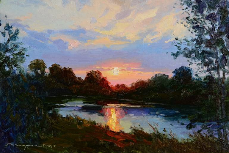 Sunset over the river Painting by Ruslan Kiprich | Saatchi Art