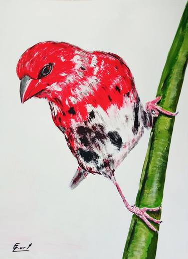 Multicolor bird on branch, original acrylic painting on paper small paintings thumb
