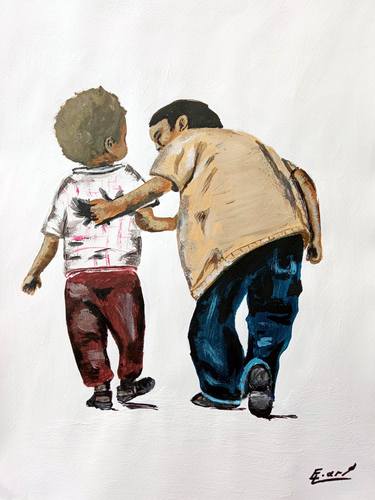 Father and son original painting, acrylic paintings on paper thumb