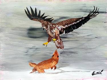 Eagle Fighting Fox, Snow Fight painting thumb