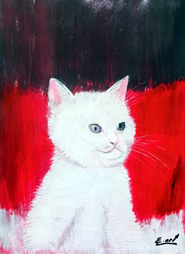 Cat painting, White Cute Cat Portait thumb