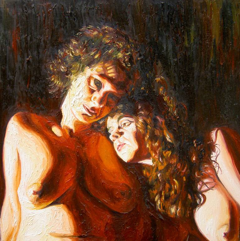 lesbian couple hugging love between 2 women erotic woman paintings female  painting art by israeli painter raphael perez Painting by Raphael Perez  Israeli Artist | Saatchi Art