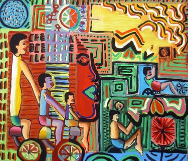 boys on bicycles boy on bicycle naive outside kids style of painting colorful fun paintings thumb