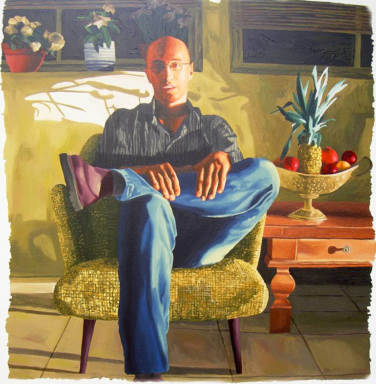 Realism Art Painting Of Man Portrait On Sofa Realistic Paintings By Israeli Painter Raphael Perez