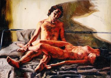 erotic man woman nude painting male female couple on bed realism art paintings israeli painter raphael perez thumb