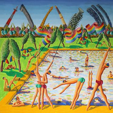 gay men swimming on the pool queer art paintings homosexual artwork painting artist painter raphael perez thumb