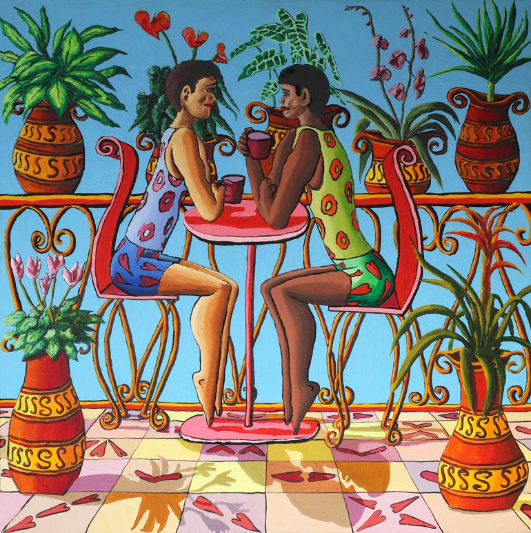 love painting couple on the balcony lovers artworks figurative naive