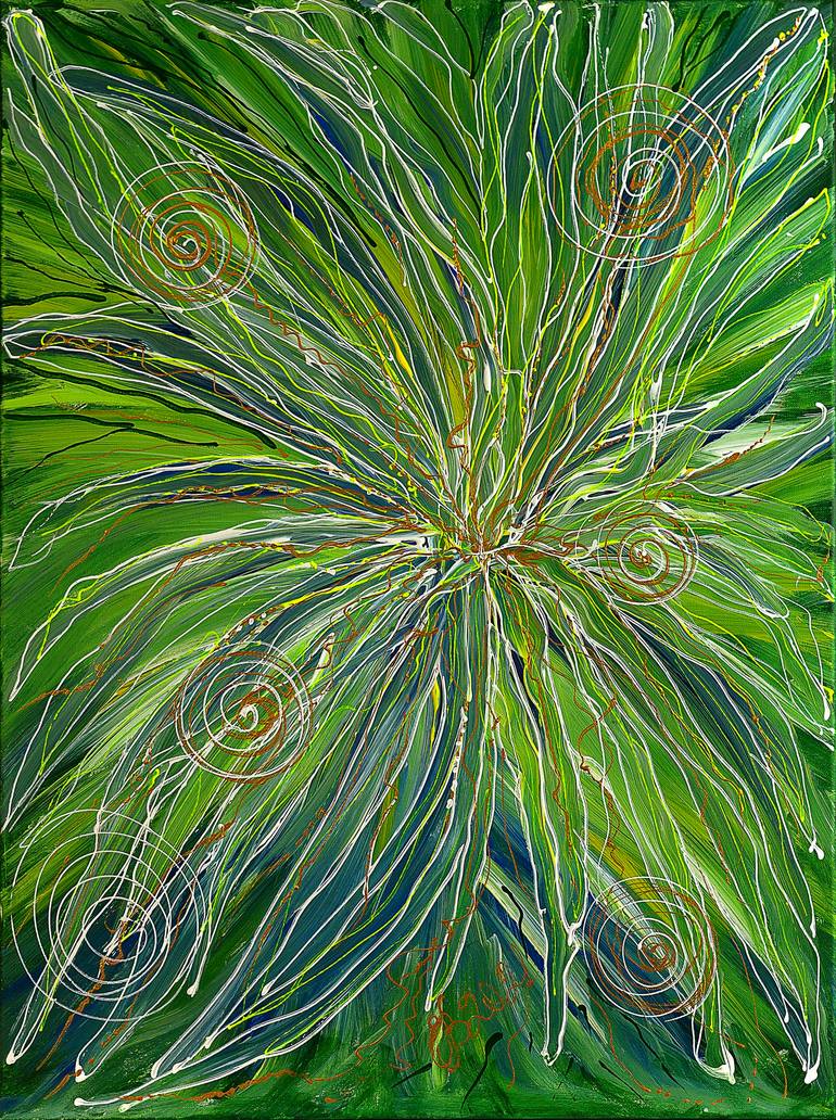 Original Floral Painting by Elena Giersch | Abstract Art on Canvas | Emerald Charm. green. yellow. white