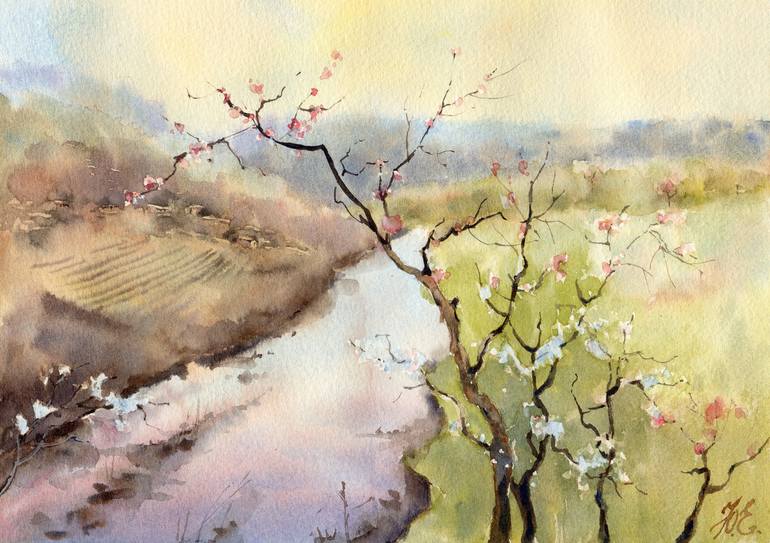 Cherry Blossom in watercolor Painting by Yulia Evsyukova | Saatchi Art