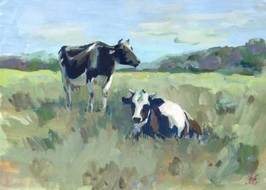 Black and white cows in the meadow, gouache thumb
