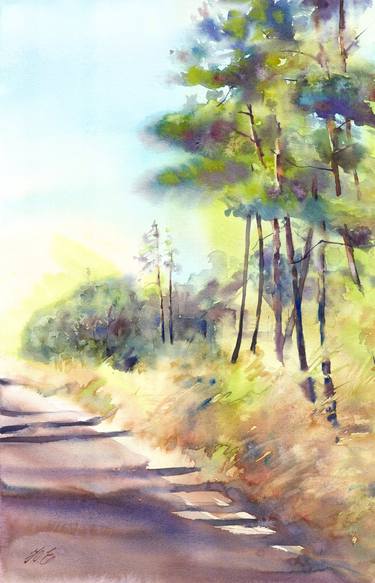 Pine forest in sunshine, watercolor pine trees thumb