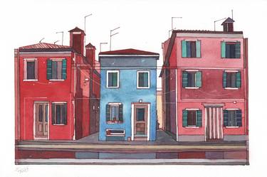 Houses of Burano, Venetian Lagoon, Italy (Watercolor Painting) thumb