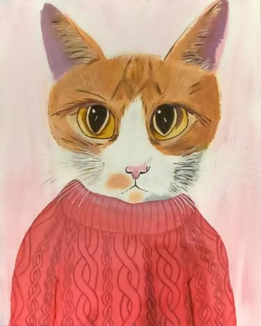 PopArt. Canvas on a wooden stretcher. Pet. Ginger cat. Interior painting. Favourite cat. Cat with beautiful eyes. Cat in sweater. thumb