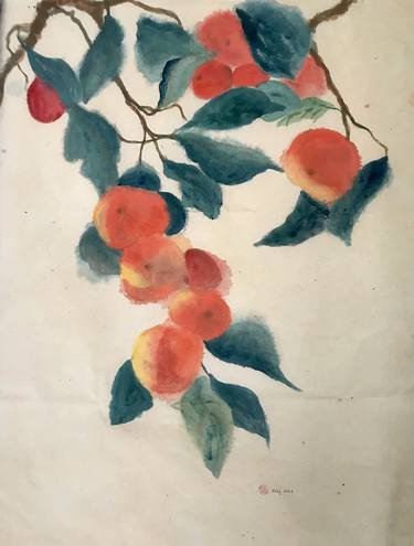 Japanese Watercolor Painting Persimmons Late 20th Century