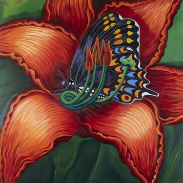 Orange Lily Black Swallowtail Butterfly Oil on Canvas thumb