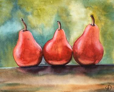 Red pears illuminated by light, Watercolor Still Life thumb